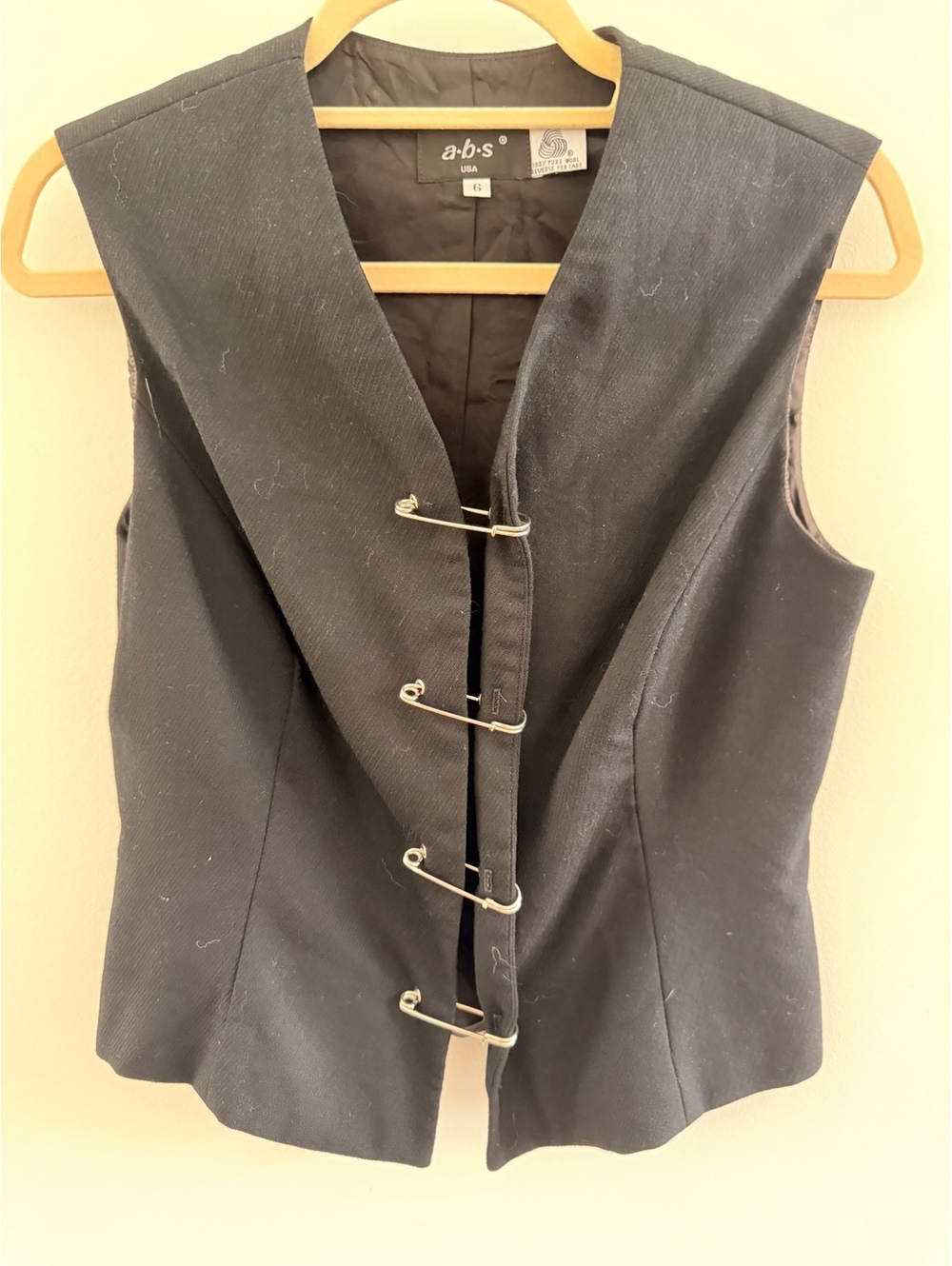 a-b-s Women's Black Wool Hook Front Tailored Vest Size 6